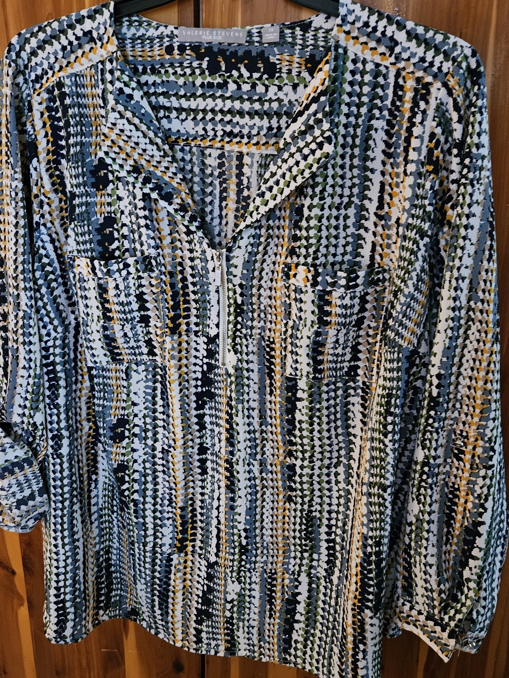 Valerie Stevens Multi-Color Zip-Front Printed Blouse Sz 3X